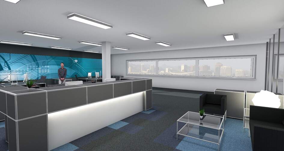 Kugelgarn flooring laid in the office area with rectangles in different shades of gray and blue