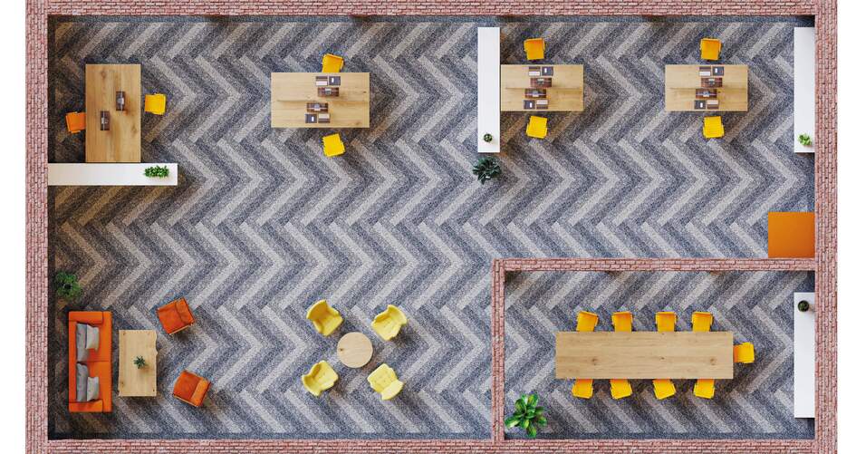 Bird's eye view of the floor covering in blue tones in the office space